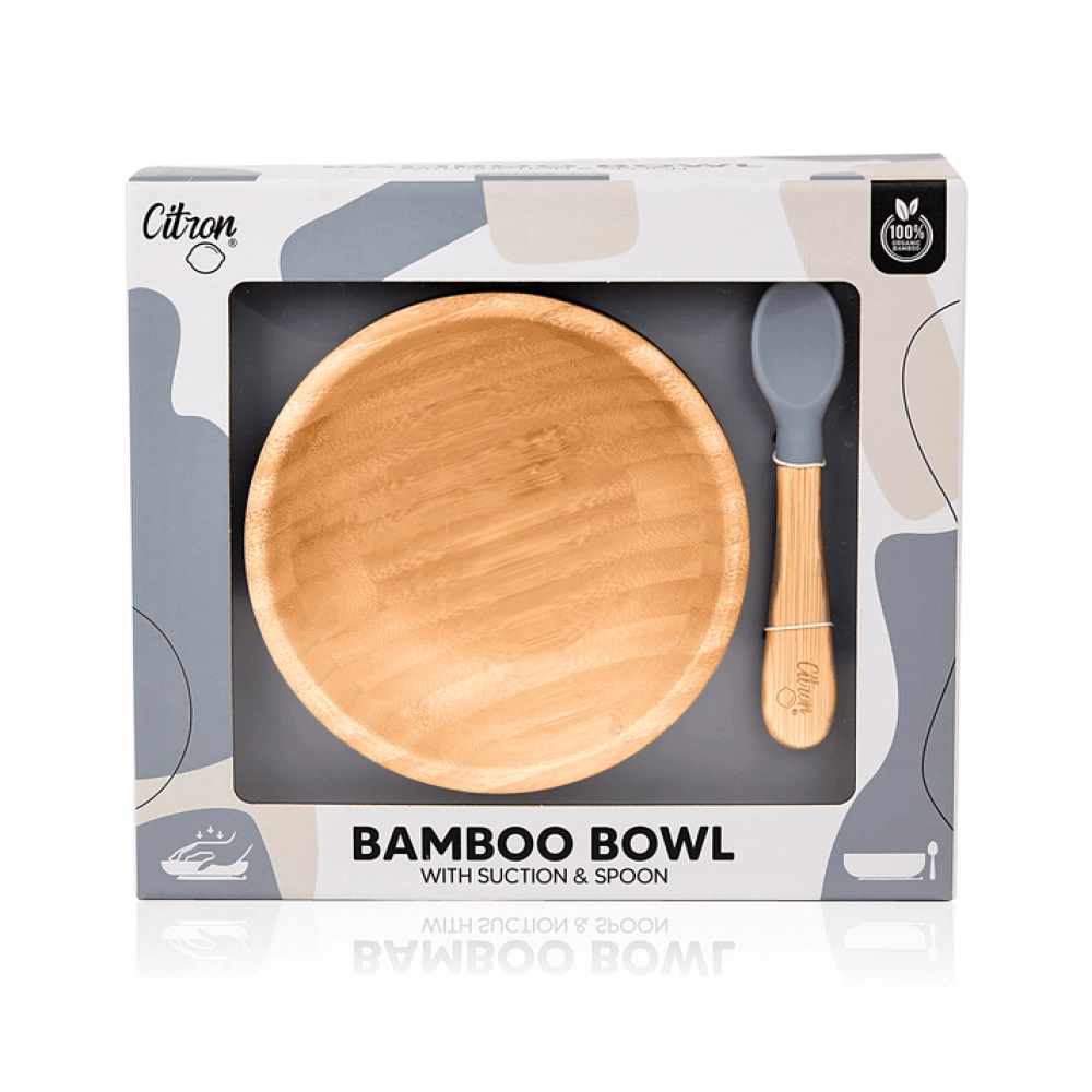 Bamboo Bowl with Suction and Spoon - Dusty Blue