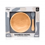 Bamboo Bowl with Suction and Spoon - Dusty Blue