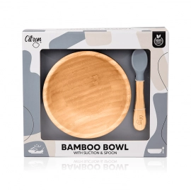 Bamboo Bowl with Suction and Spoon - Dusty Blue