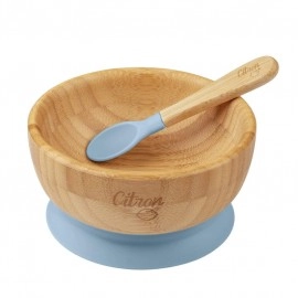 Bamboo Bowl with Suction and Spoon - Dusty Blue
