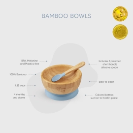 Bamboo Bowl with Suction and Spoon - Dusty Blue